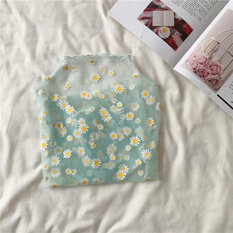 Summer Autumn Women Casual Mesh Pattern Daisy Flower Printed Blouse Tops Girls Mesh Shirts See Through Shirt For Female