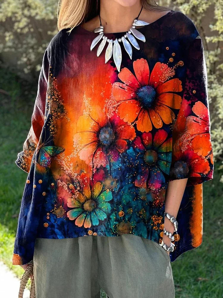 Women's Floral Art Print Casual Cotton And Linen Shirt