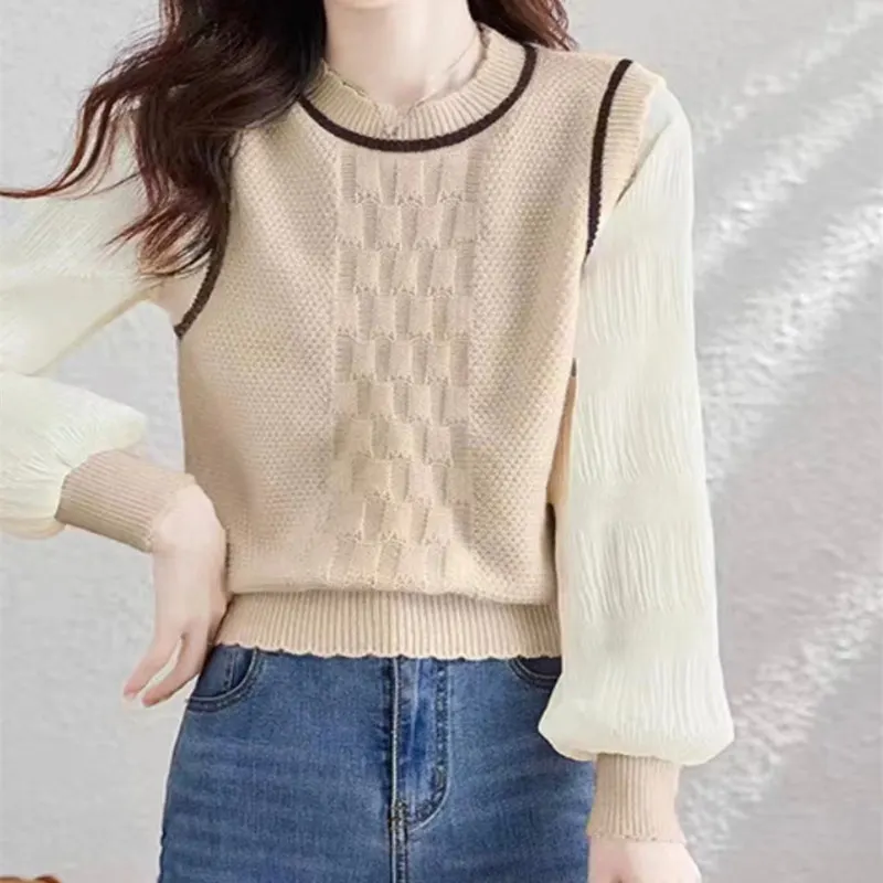 Churchf Churchf New Foreign Style Show Thin Sweater Female False Two Stitching Gauze Sleeve Knit Sweater Autumn And Winter Loose Long-Sleeved Jacket