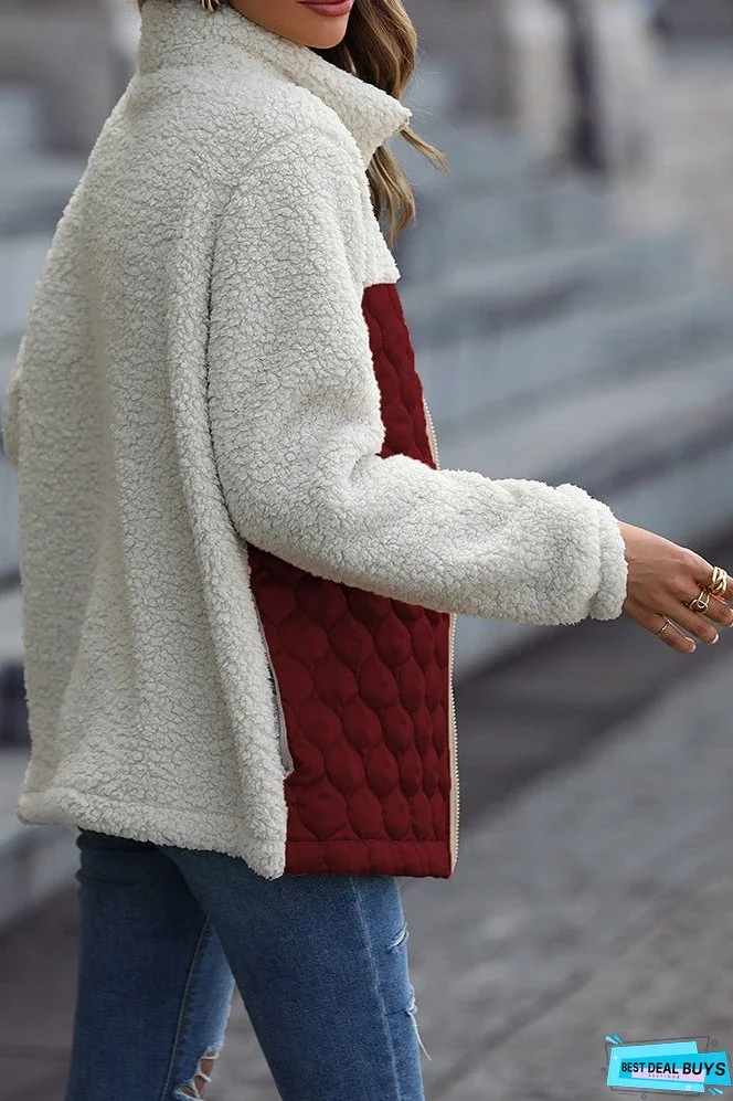 Color Block Leopard Patchwork Zipper Fleece Coat