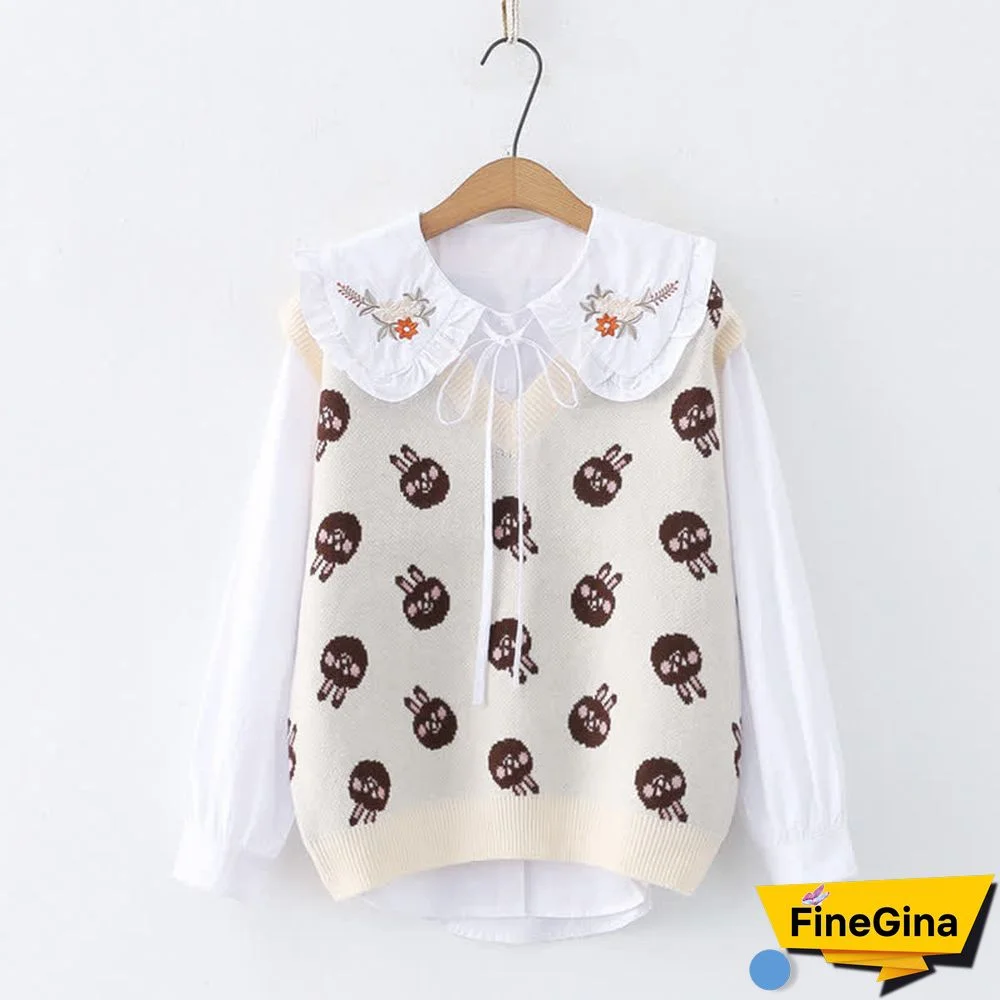 Bunny Print Knit Vest Doll Collar Embroideried Shirt Two Pieces Set