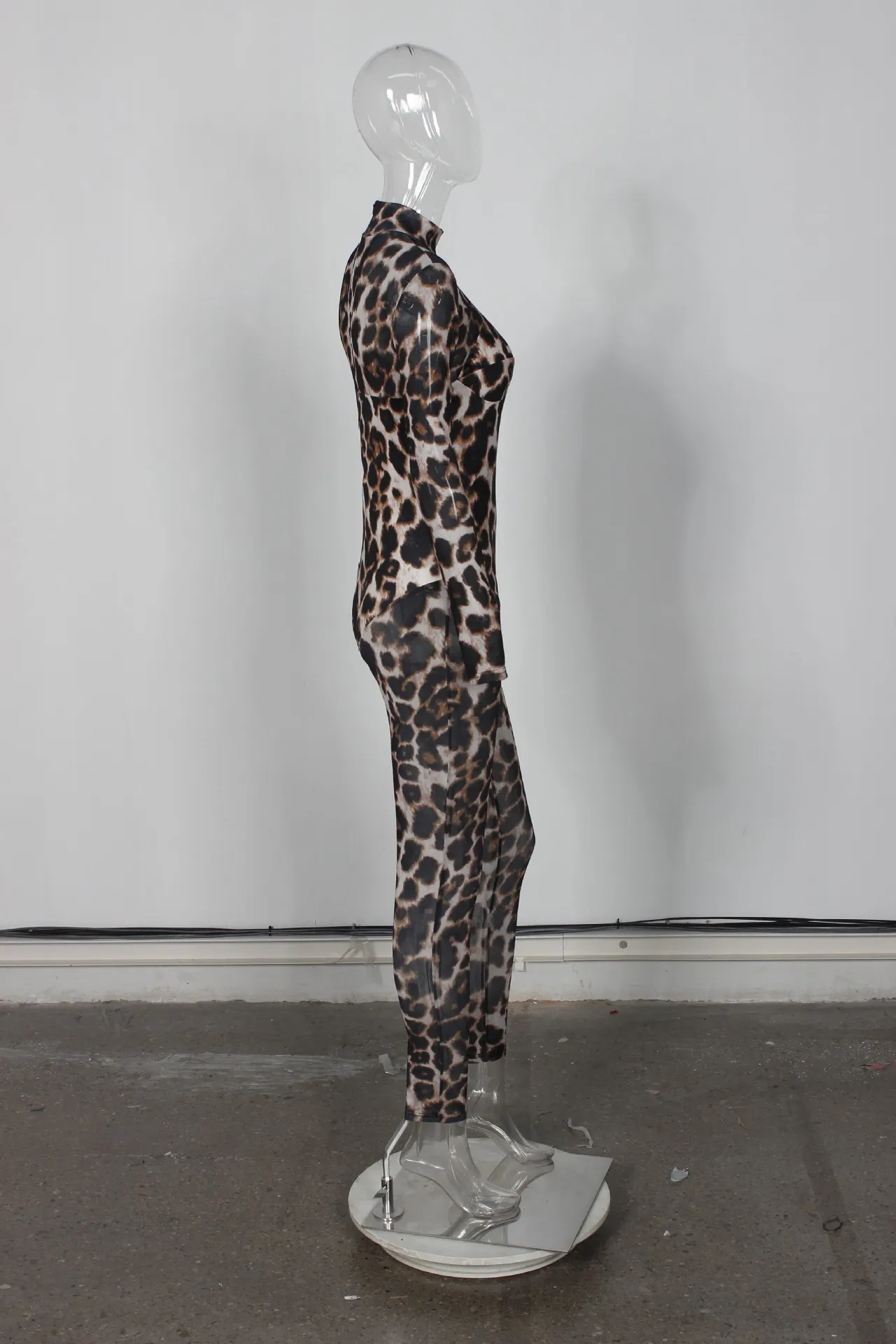 Autumn Slim Sexy Mesh See through Leopard Print Stretch Jumpsuit
