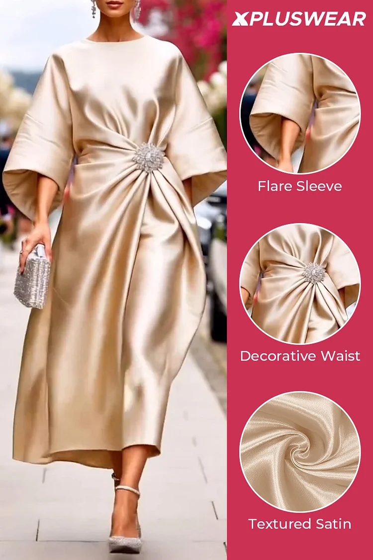 Plus Size Wedding Guest Champagne Elegant Round Neck Flare 3/4 Sleeve Satin Midi Dresses