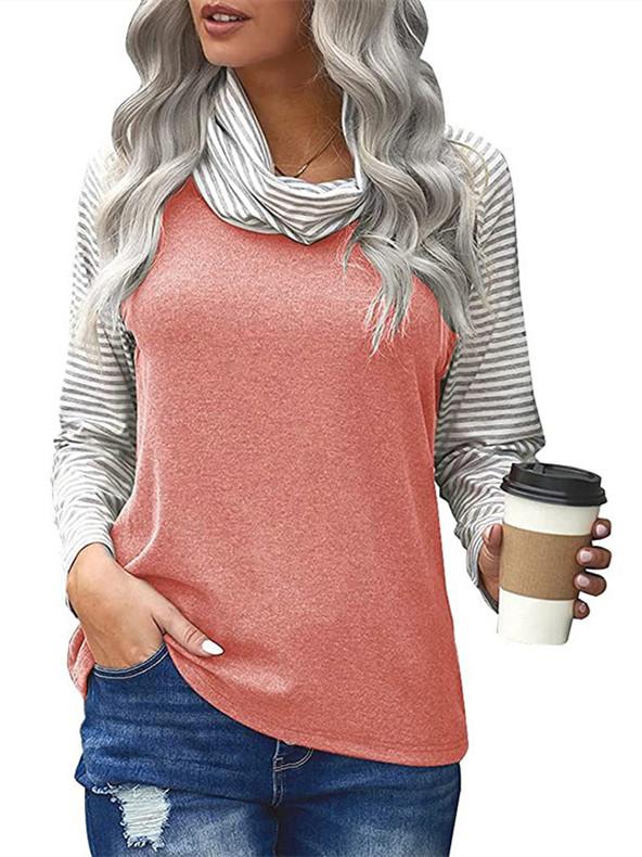 Women Long Sleeve Scoop Neck Striped Stitching Top