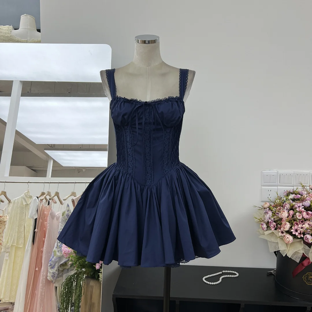 Brownm British Fashion Light Luxury Elegant Lace Side Heavy Industry Car Strip Court Strap To The Waist Solid Color Dress Short