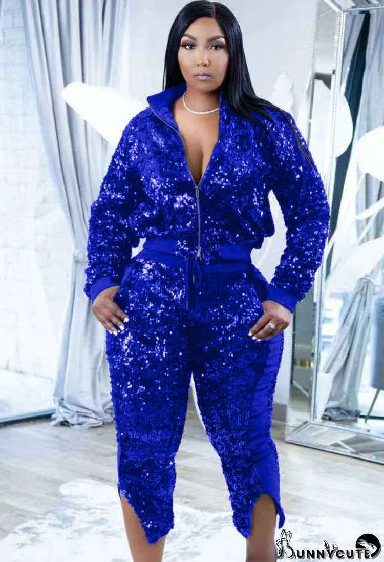 Spring Plus Size Blue Sequins Zipper Turndown Colllar Long Sleeve Top And Slit Pant Two Piece Set