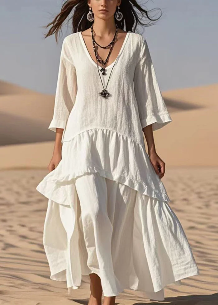 Style White Oversized Patchwork Cotton Maxi Dresses Bracelet Sleeve