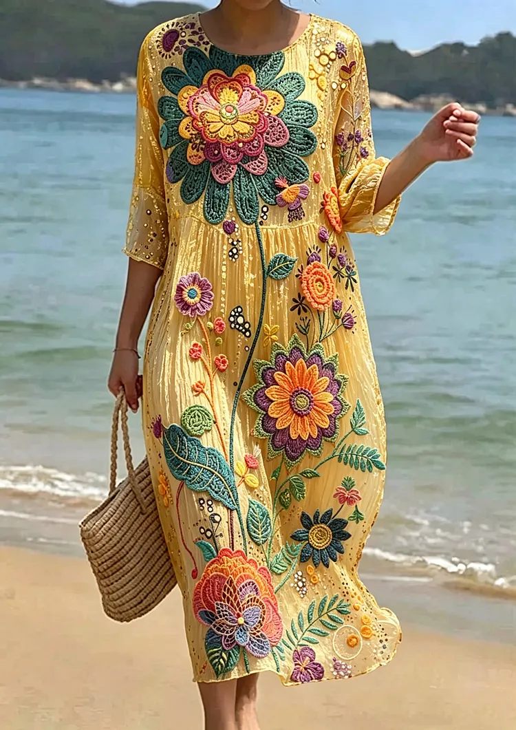 Women's Floral Embroidered Smocked Waist Midi Dress