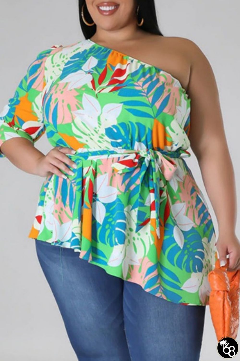 Green Casual Print Backless Oblique Collar Plus Size Tops | 168DEAL