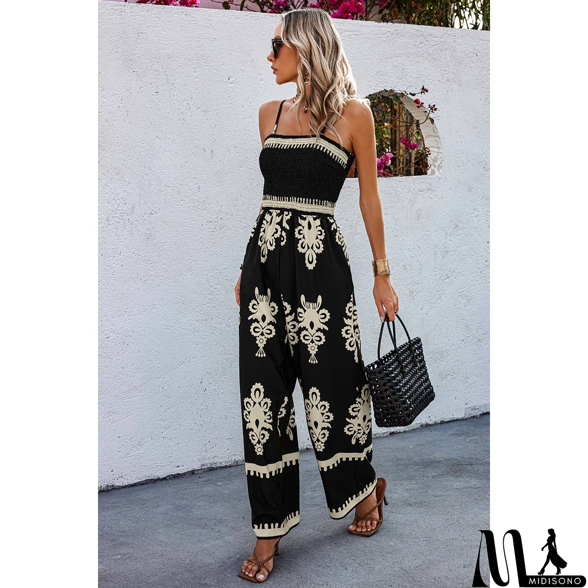 MidiSono - Off Shoulder Ruched Printed High Waist Jumpsuit