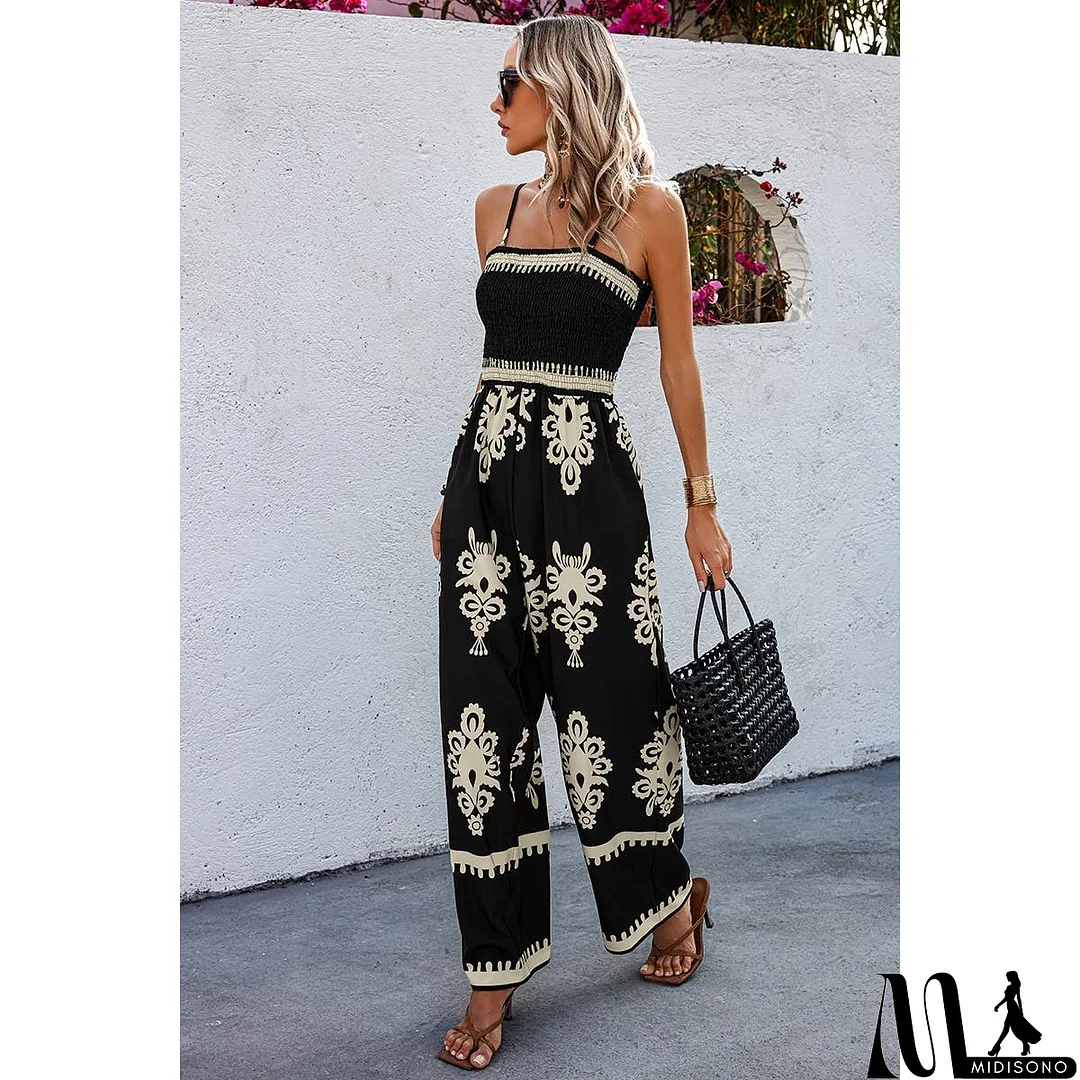 MidiSono - Off Shoulder Ruched Printed High Waist Jumpsuit