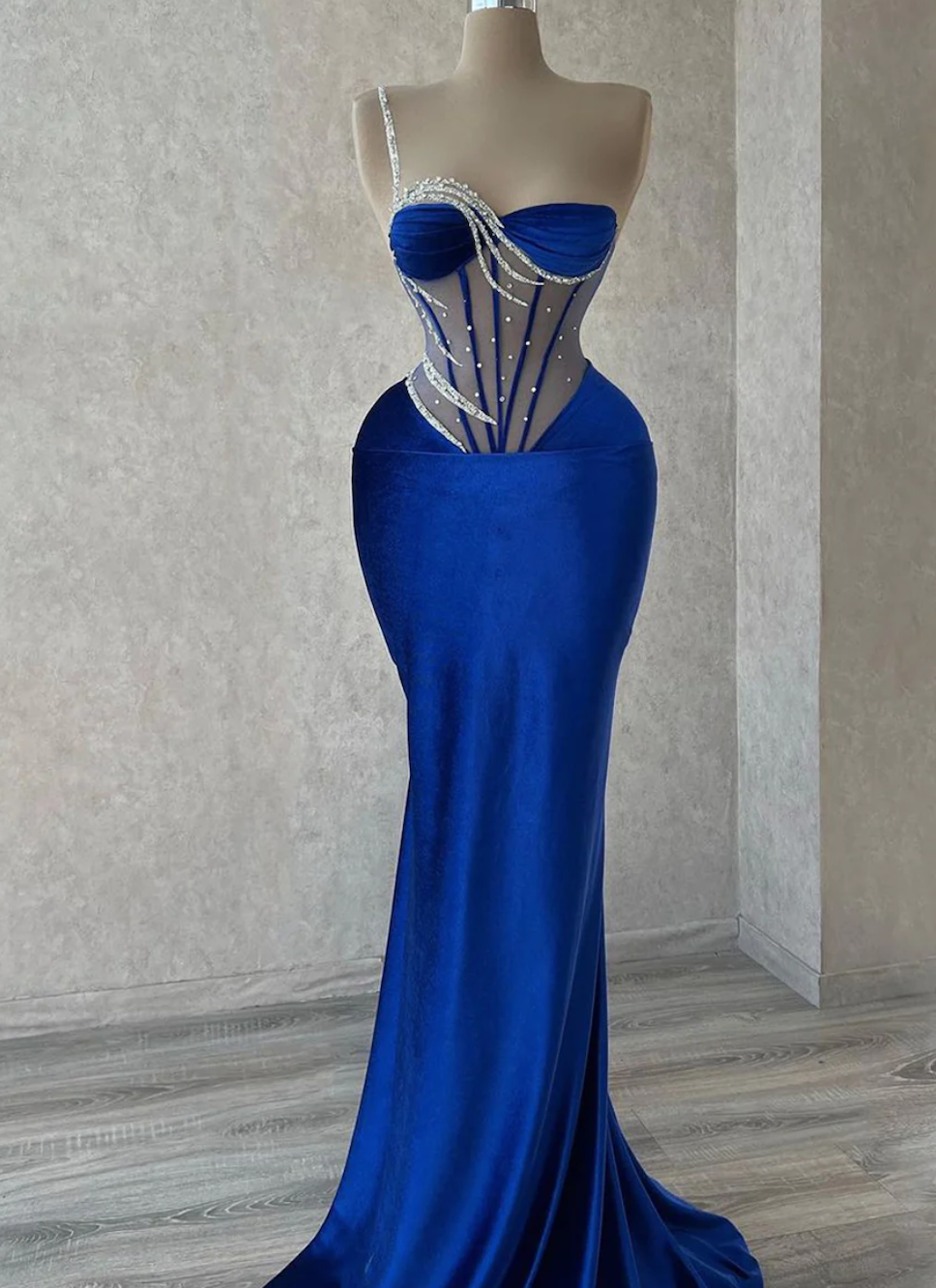 Oknass Charming Royal Blue Spaghetti Strap Sleeveless Prom Dress With Beadings