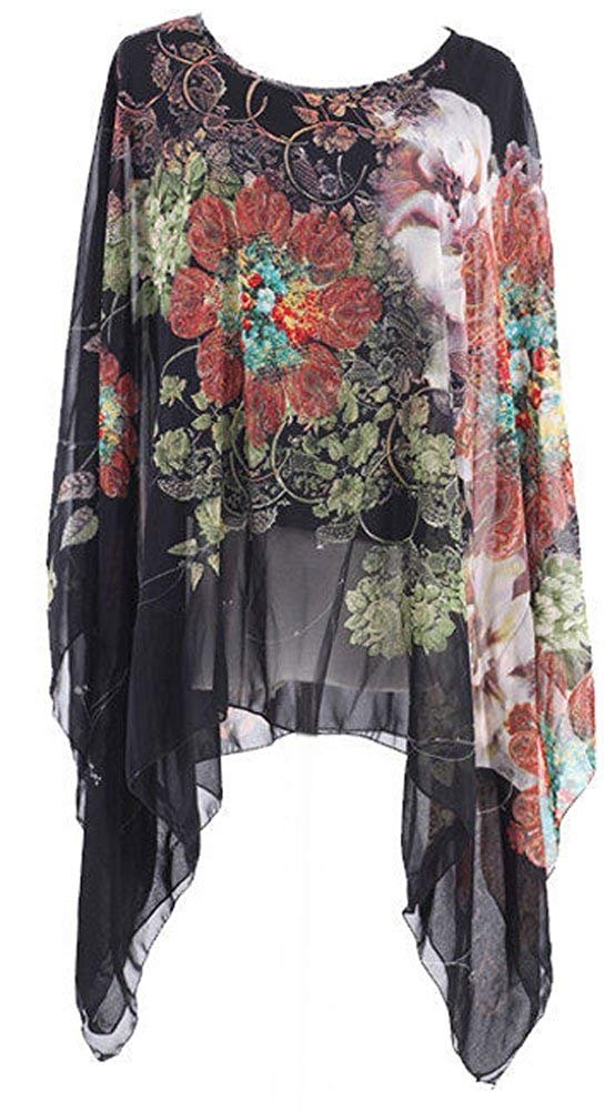 Women's Loose Batwing Sleeve Tops Flower Bohemian Chiffon Blouse T Shirt Tops