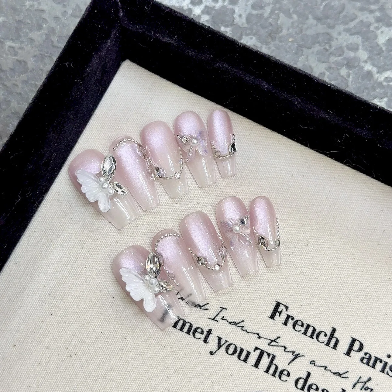 Lidudu 10Pcs Handmade Press on Nails Full Cover Cat Eye Pearl Design Rhinestone French Ballerina Fake Nails Manicure Wearable Nail Tips
