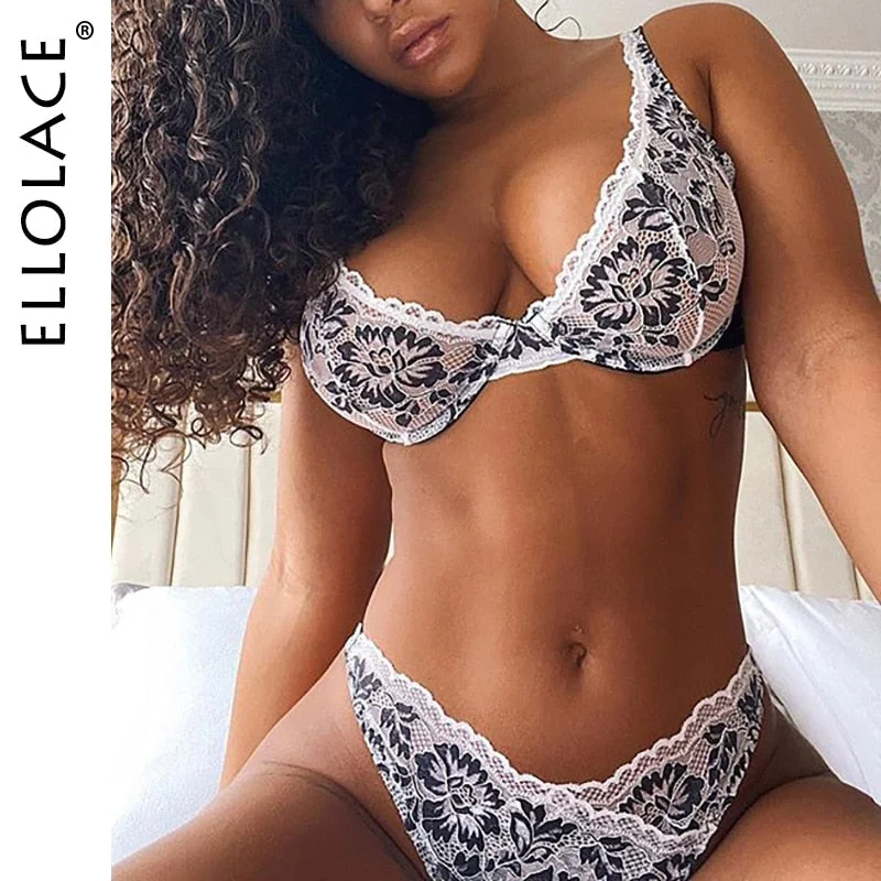 Ellolace Sexy Lingerie Deep-V Floral Embroidery Underwear Push up Underwire Bra Transparent Erotic Brief Sets Intimate Wholesale