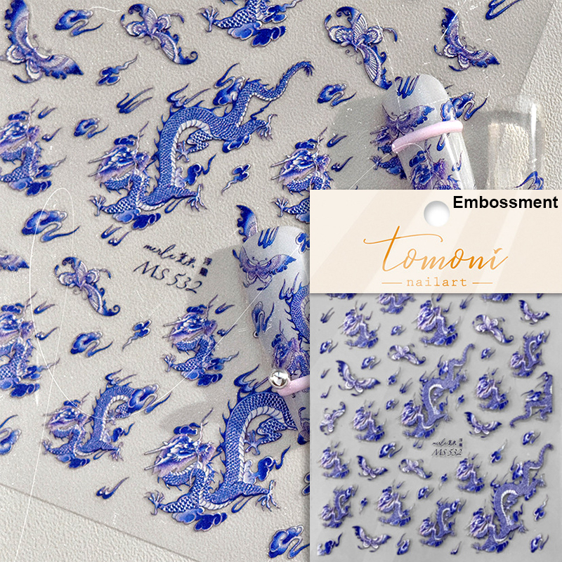 Chinese Porcelain Vases Embroidered Dragon Butterfly Red Blue 3D Embossed Relief Self Adhesive Nail Art Stickers Manicure Decals