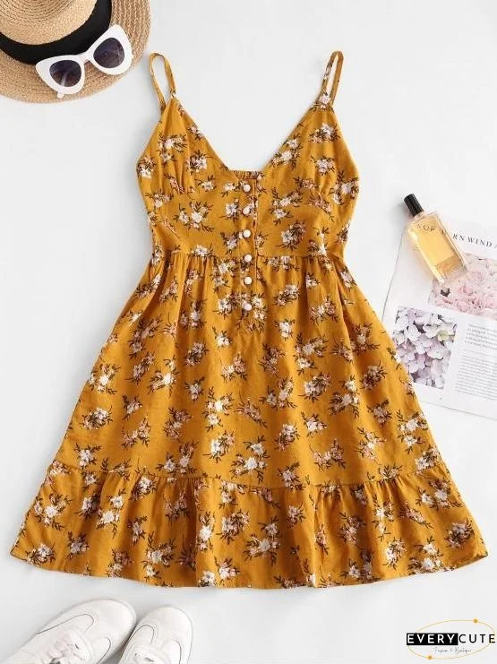 Flower Print Half Button Flounce Hem Dress for Women