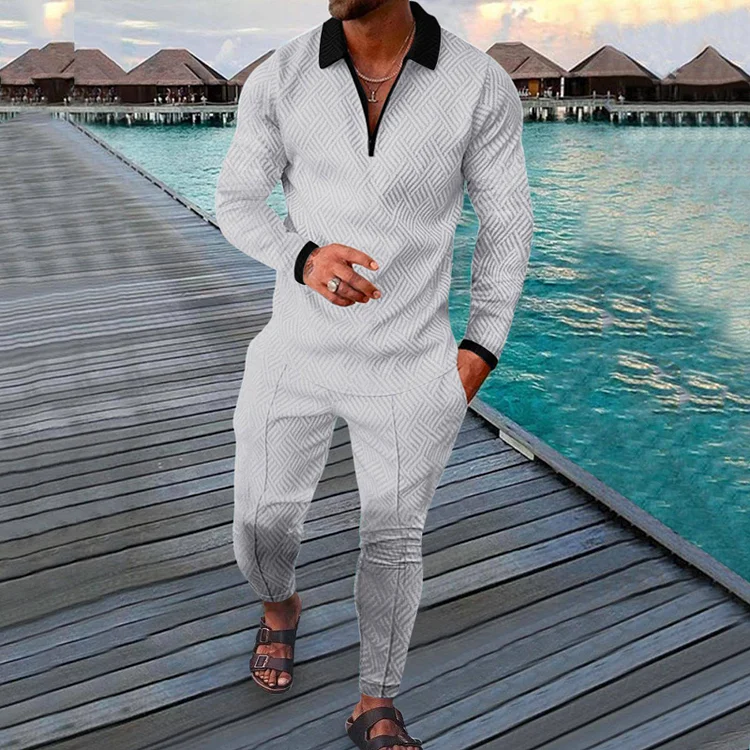 Men's Casual Solid Long Sleeve Polo Shirt & Pockets Pants 2Pcs Set