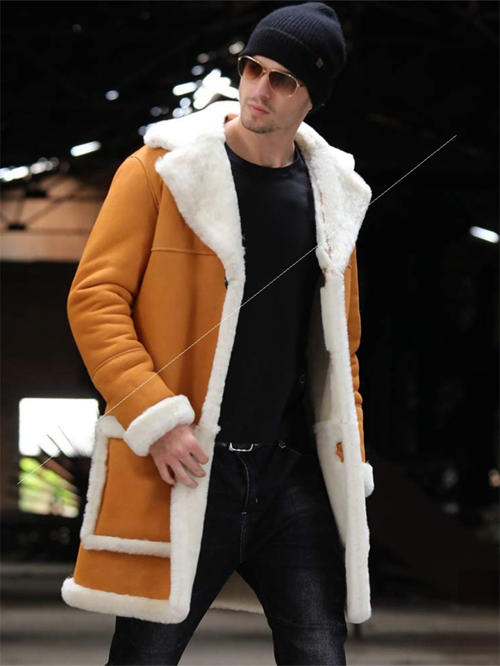 Leather and Fleece Thickened Men's Medium - Length Coat