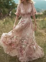 Retro Pink Rose Design V-neck Long-sleeve Casual Dress