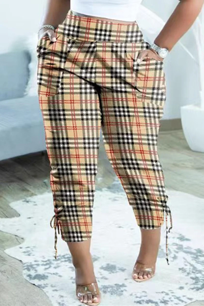 Deep Coffee Fashion Casual Plaid Print Patchwork Regular High Waist Trousers | EGEMISS