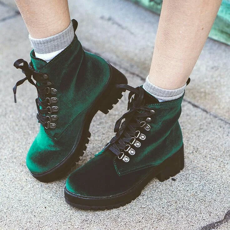Green Velvet Combat Boots Round Toe Lace Up Booties for Women |FSJ Shoes