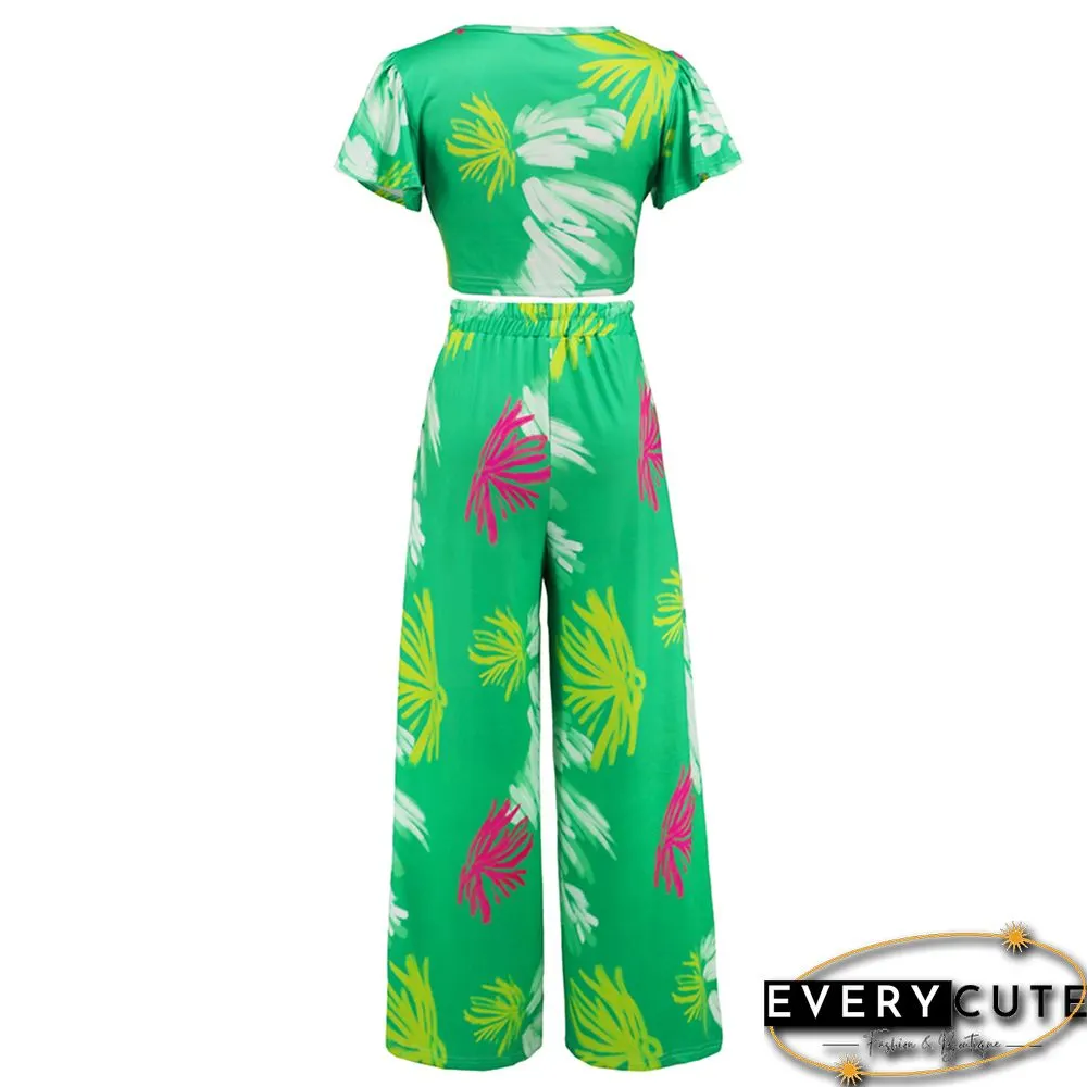 Green Printed V Neck Crop and Wide Leg Pant Set
