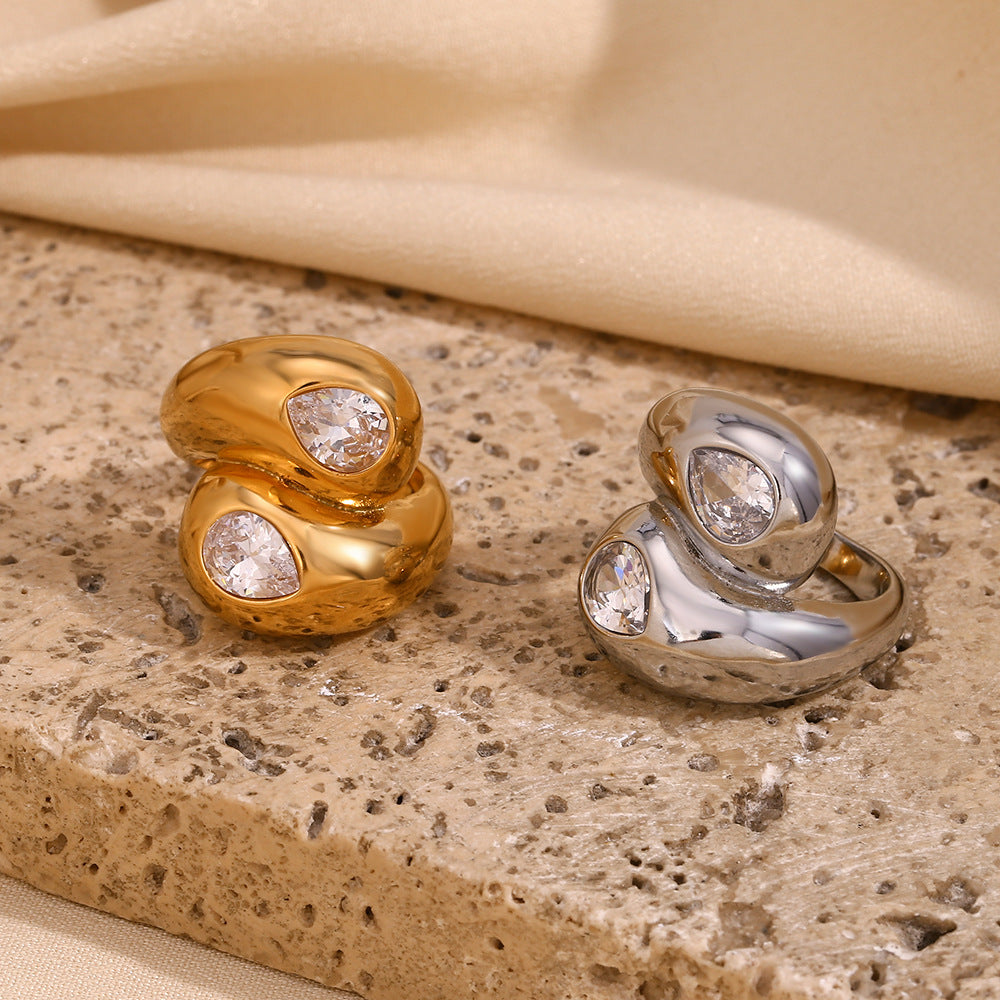 Fashion Niche Design Personality Hand Jewelry Stainless Steel Plated 18K Gold Double Head Zircon Snake Ring Female