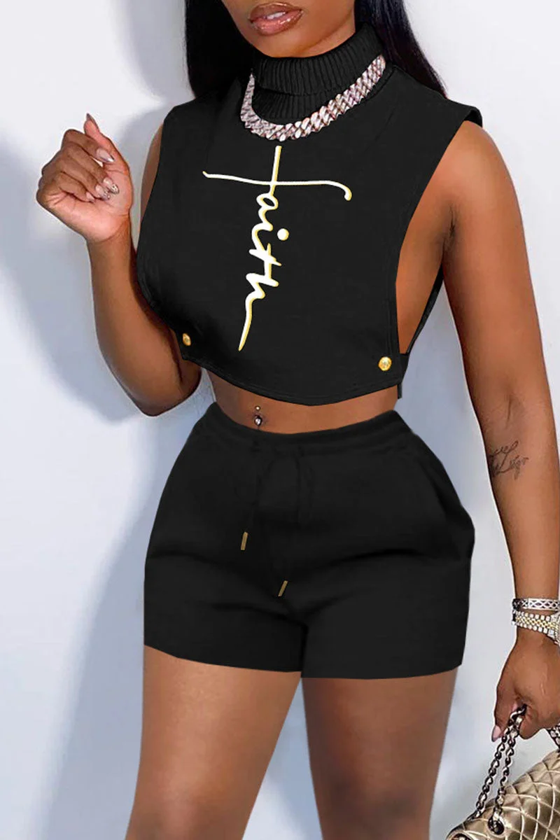 Sexy Solid Embroidered Hollowed Out Split Joint Turtleneck Sleeveless Two Pieces