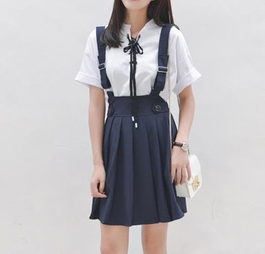 Navy/Deep Orange Preppy Style Suspender Skirt SP179888
