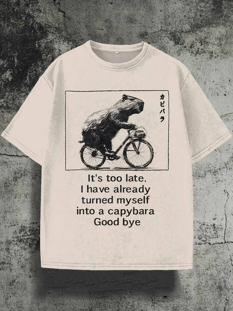Men's Fun Capybara Riding A Bicycle Print Cotton Washed T-Shirt