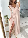 Fashion Solid Color Pleated Split-Side Long Sleeves V-Neck Maxi Dress