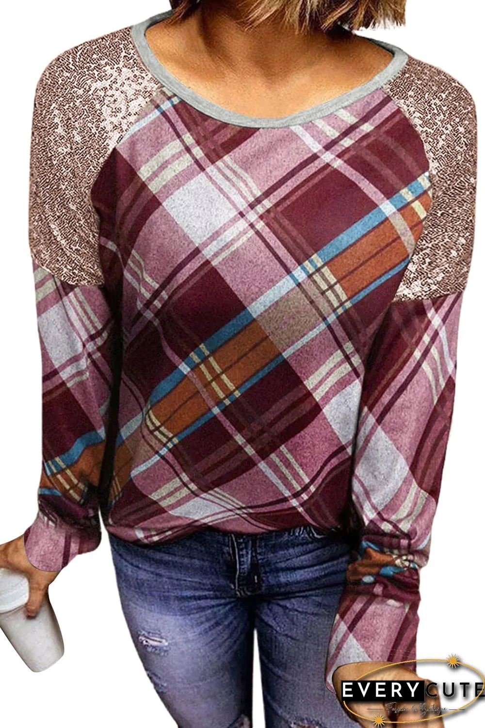 Sequin Shoulder Splicing Plaid Long Sleeve Top