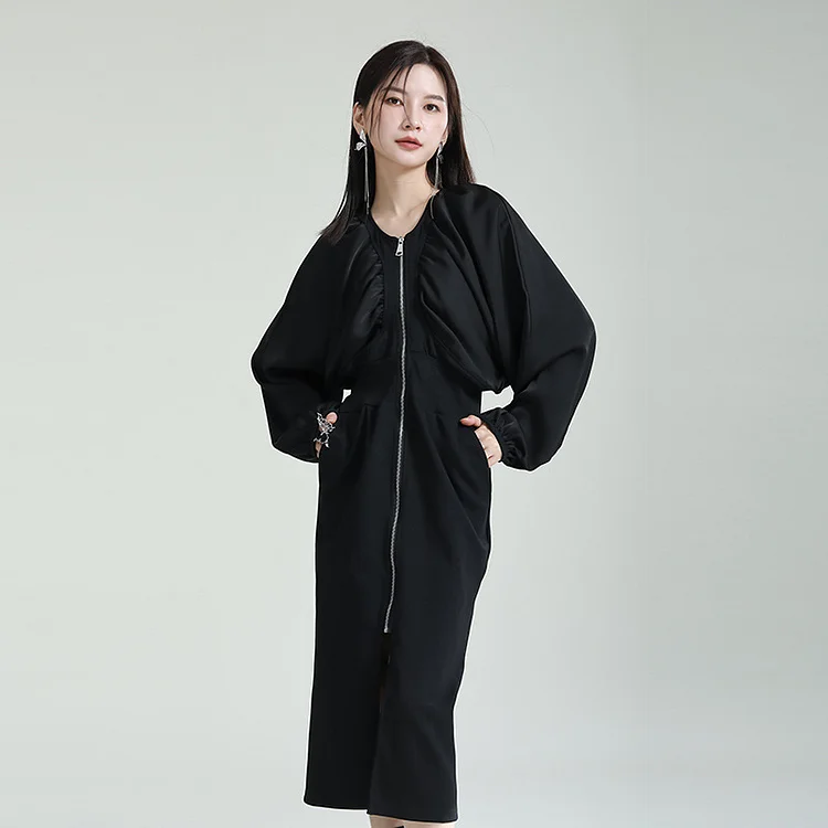 Cool Black Pleated Zipper Round Neck Midi Dress - yankia