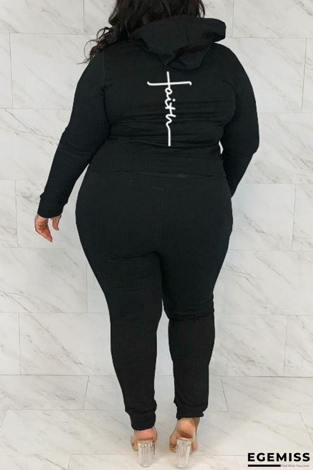 Black Fashion Casual Print Basic Hooded Collar Plus Size Two Pieces | EGEMISS