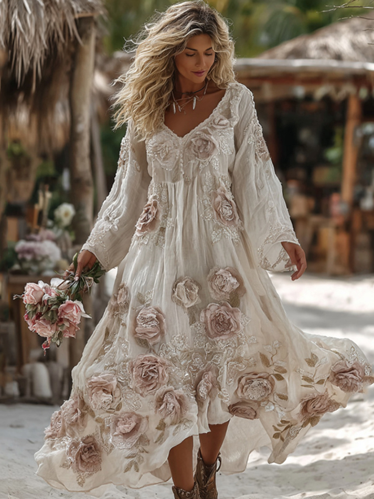 Women's Vintage Romantic White Rose Embroidery Art Comfy Linen Vacation Dress Maxi Dress Women's Vintage Romantic White Rose Embroidery Art Comfy Linen Vacation Dress Maxi Dress - Image 1