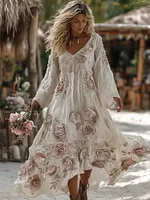 Women's Vintage Romantic White Rose Embroidery Art Comfy Linen Vacation Dress Maxi Dress