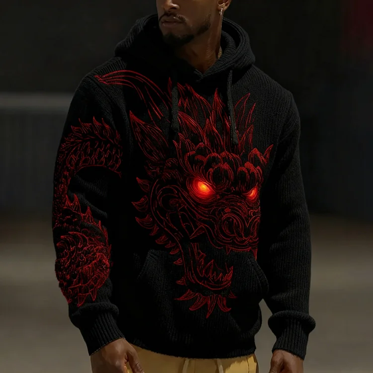 Men's Vintage Dragon Pattern Cozy Hooded