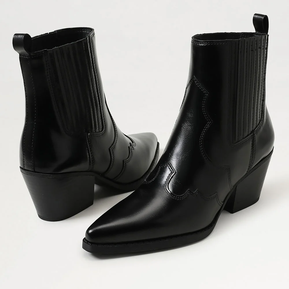 Black Faux Leather Pointed Toe Stitching Western Boots for Women