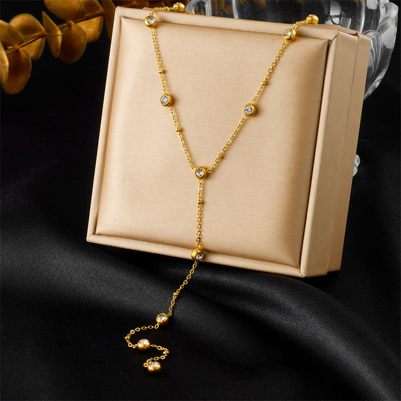 Korean Fashion Simple Ins Style Inlaid Round Diamond Accessories Chain Tassel Stainless Steel Y-Shaped Clavicle Necklace