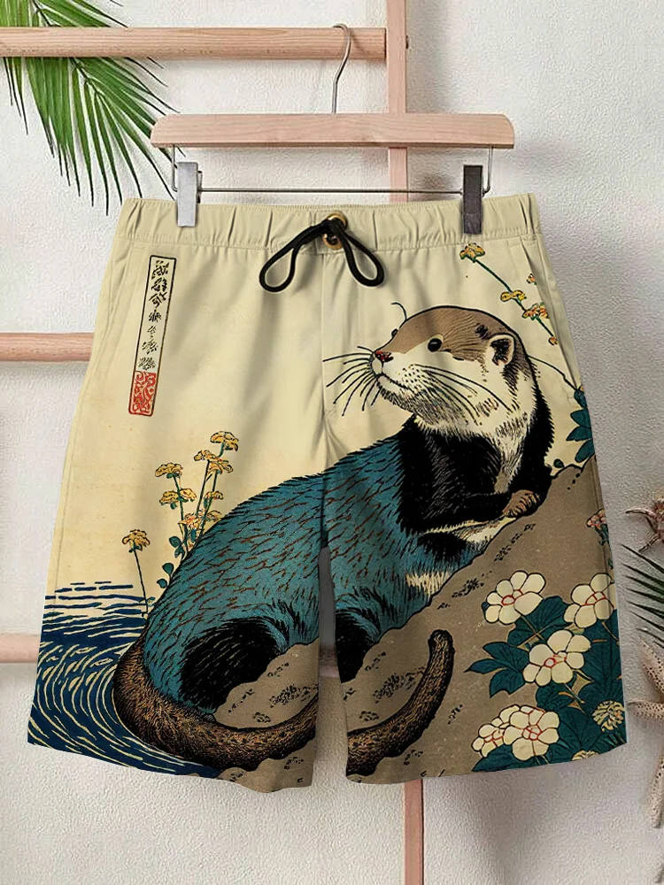 Men's Floral Otter Water Japanese Art Print Shorts