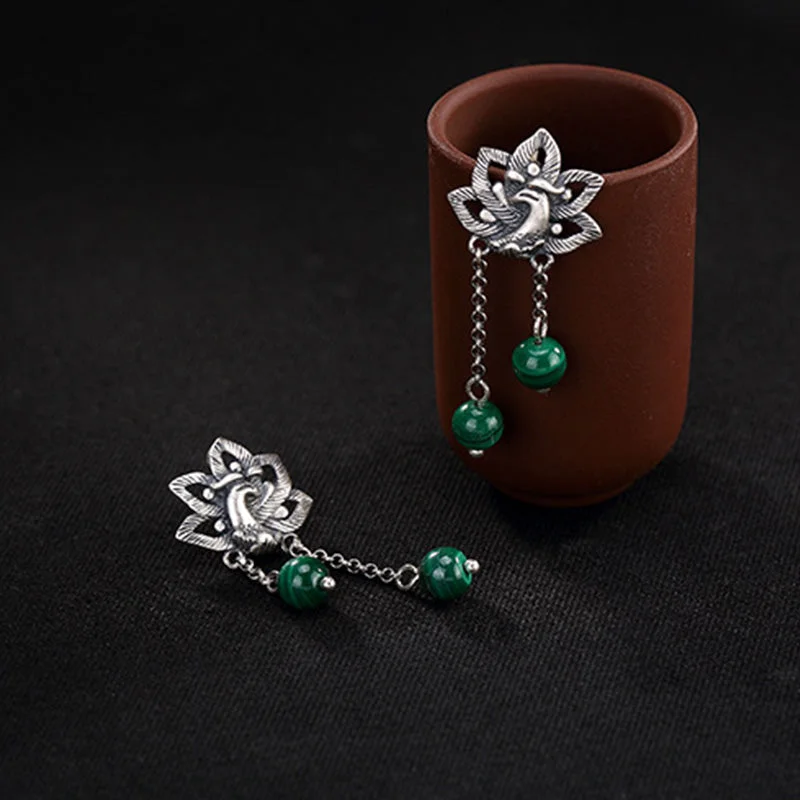 990 Sterling Silver Malachite Phoenix Peony Flower Bead Protection Drop Earrings
