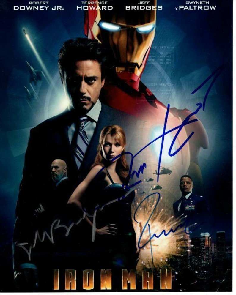 Robert downey jr., jeff bridges and terrence howard signed 8x10 iron man Photo Poster painting