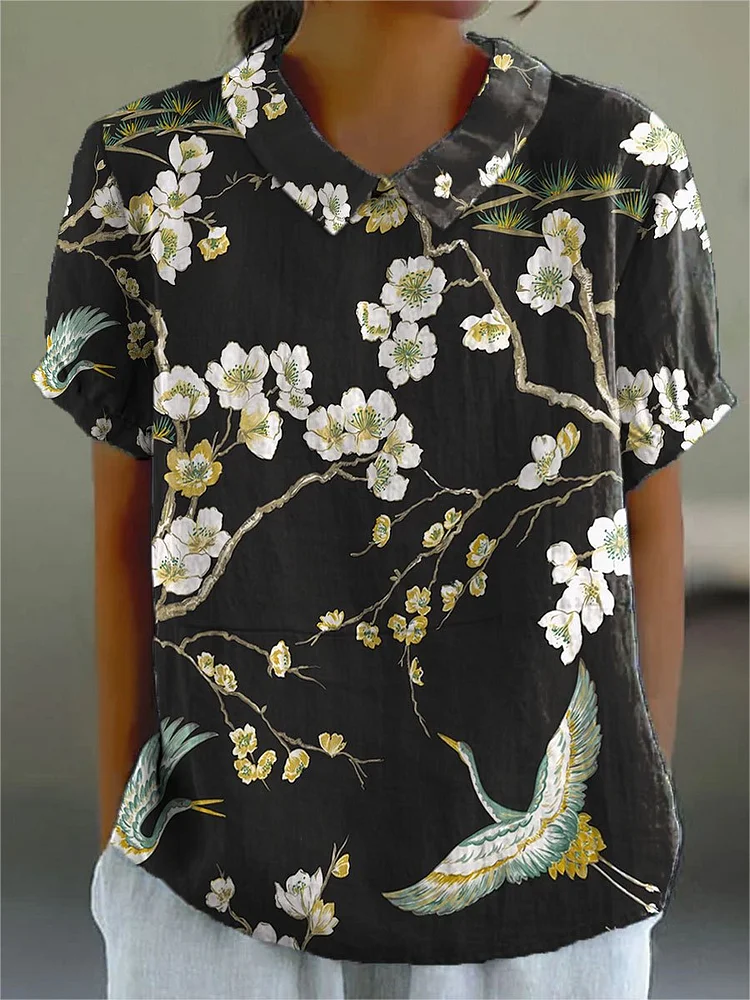 Women's Vintage Flower Print Casual Cotton And Linen Shirt