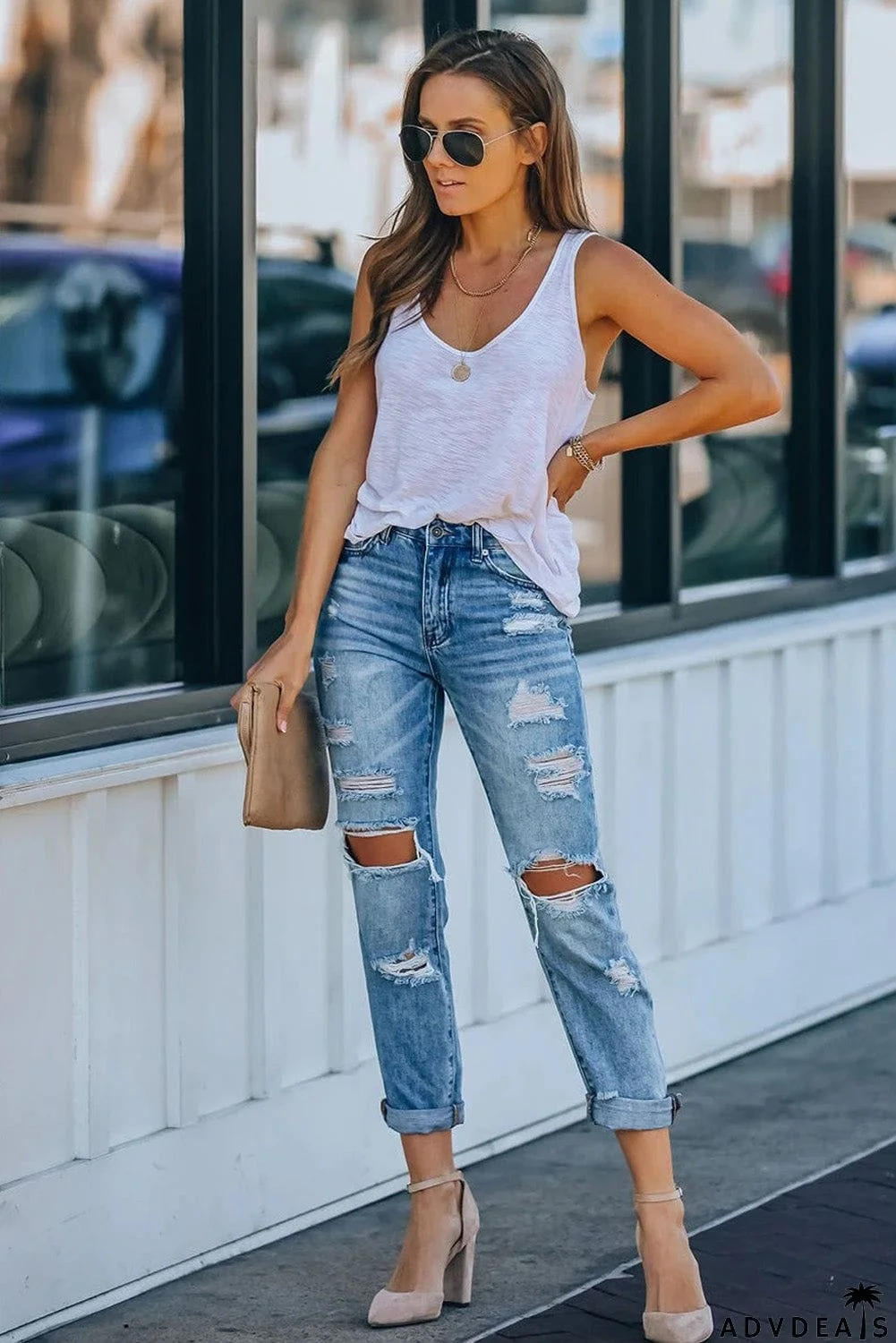 Light Blue Washed Ripped Straight Legs Jeans