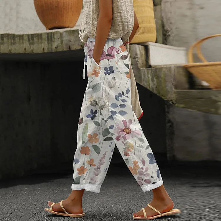 Simpfit Damen-Hose mit weitem Bein und klassischem Blumenmuster