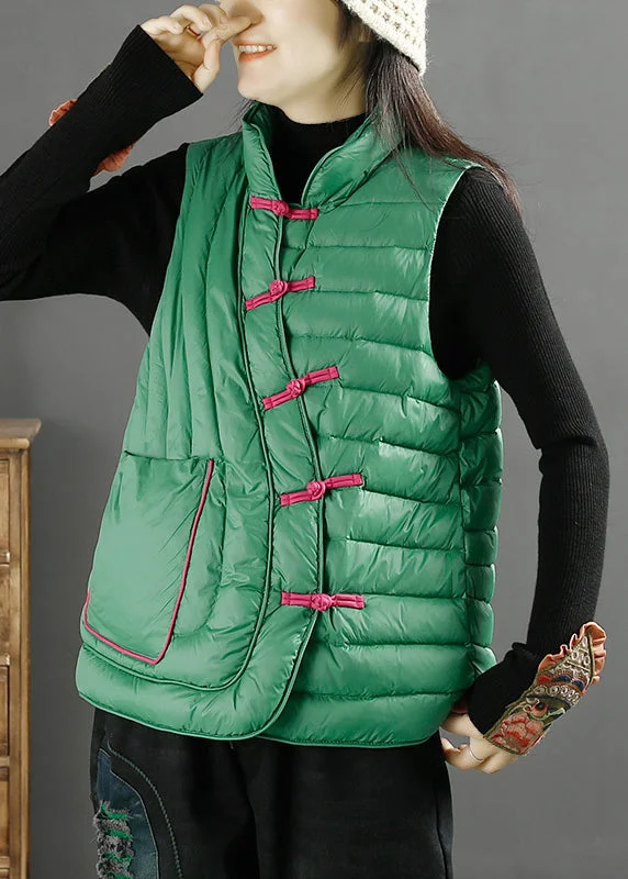 Art Green Pockets Oriental Duck Down Filled Womens Vest Winter