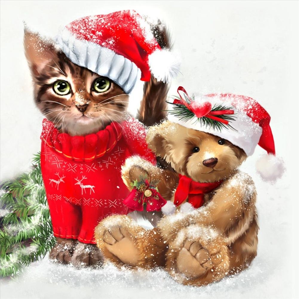 Full Round Diamond Painting - Christmas Cat Bear(30*30cm)