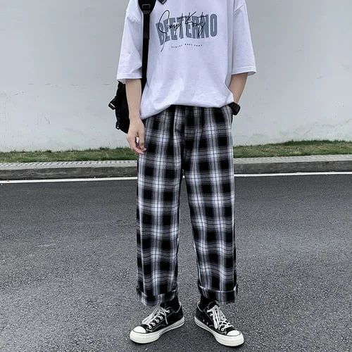 Aonga Men Casual Pants Plaid Ankle Length Loose Wide Leg All-Match Elastic Waist Fashion Trousers Streetwear Harajuku Korean Retro Ins