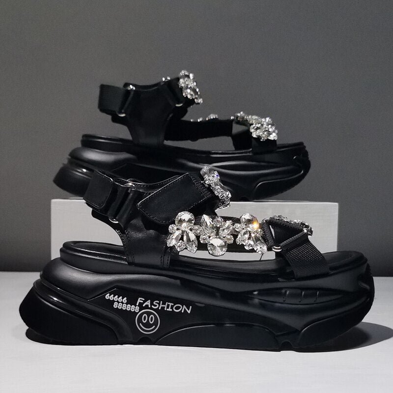 Women Sandals Open Toe Thick Bottom Rhinestone Summer Female Shoes Velcro Breathable Sexy Flat Paltform Sandalias De Las Mujeres